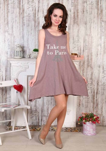 Состав:
Кулирка с лайкрой
Хлопок 95%
Лайкра 5%
	Туника женская прилегающая  в области груди и расклешенная  к низу,  длиной чуть выше колена. Особенностью модели является неровная линия низа. На детали переда  - печать. Горловина и проймы окантова