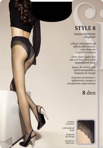 Состав: 
Полиамид 85%,
Эластан 15%
	Тончайшие летние колготки с эффектом натурального загара. С изящными ажурными трусиками-бикини, гигиенической ластовицей, комфортными плоскими швами и невидимыми носками.