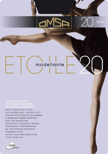 Состав: 
Полиамид 80%,
Эластан 20%
	Прозрачные колготки с эффектом блеска плотностью 20 ден с лайкрой двойной обкрутки, с моделирующим эффектом, с плоскими швами, ластовицей и широким комфортным поясом, укреплённый мысок, формованные.