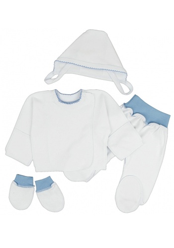 Состав:
Интерлок
Хлопок 100%
	Комплект для новорождённых. Состоит из 4 предметов (распашонка, ползунки на евро резинке, чепчик, царапки).