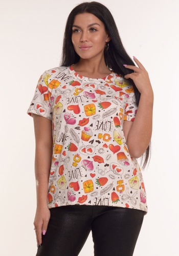 Состав:
Кулирка 
Хлопок 95%
Лайкра 5%
	Футболка полуприлегающего силуэта. Рукав короткий, втачной. Спинка слегка удлиненная по центру. Горловина обработана планкой. Яркая молодежная набивка ткани.

Обратите внимание: расцветка товара на сайте 