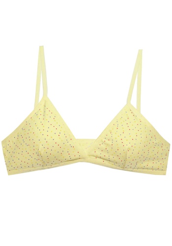 Состав:
Хлопок 95%
Эластан 5%
	Тканевый детский бюстгальтер для девочки с рисунком в цветной горошек на тонких бретельках с треугольными чашечками и выточками.