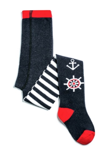 Состав:
Хлопок 82%
ПА 13%
Эластан 5%
	Колготки гладкие демисезонные с морской тематикой поперечно-полосатые по всей длине, на щиколотке рисунок в виде якоря и штурвала, борт, пятка и мысок красного цвета.