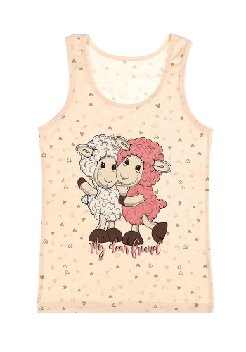 Состав:
Хлопок 100%
	Детская майка для девочки на широких бретелях. Спереди украшены рисунком. Цвета ассорти. 