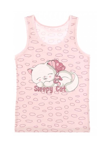 Состав:
Хлопок 95%
Эластан 5%
	Детская майка для девочки на широких бретелях. Спереди украшен рисунком. 