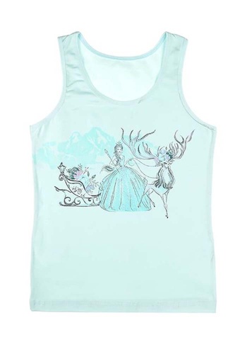 Состав:
Хлопок 95%
Эластан 5%
	Детская майка для девочки на широких бретелях. Спереди украшен рисунком. 