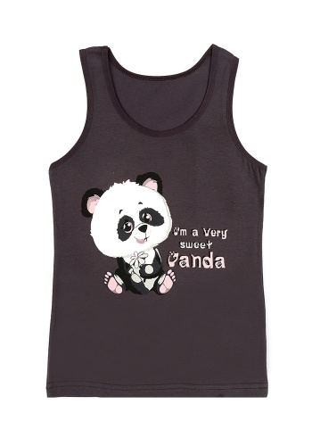 Состав:
Хлопок 95%
Эластан 5%
	Детская майка для девочки на широких бретелях. Спереди украшен рисунком. 