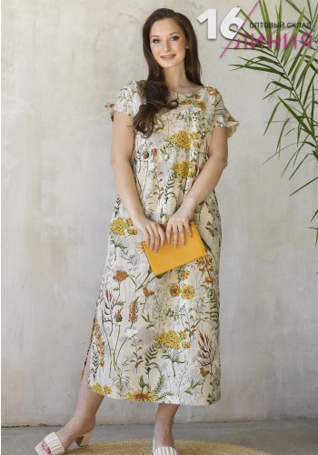 Состав:
Полулен
Хлопок 70%
Лен 30%
	Платье женское из набивного полульняного полотна, прямого силуэта. Изделие с высокими вертикальными разрезами в боковых швах. Платье отрезное, немного выше линии талии, со сборкой в нижней части. Рукав короткий 