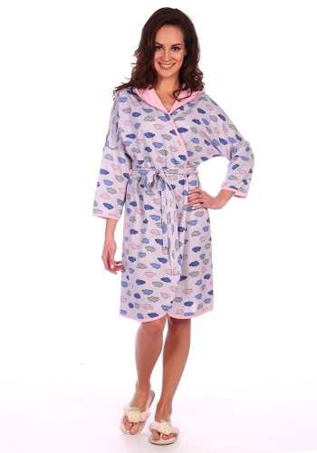 Состав: 
Кулирка 
Хлопок 100% 
    Халат женский прямого силуэта, длиной до колена, на запах. На полочках в боковых швах обработаны карманы. Спинка без особенностей. Рукав - «кимоно», длинный. Халат с капюшоном. Вход в карман, низ рукава, низ халат