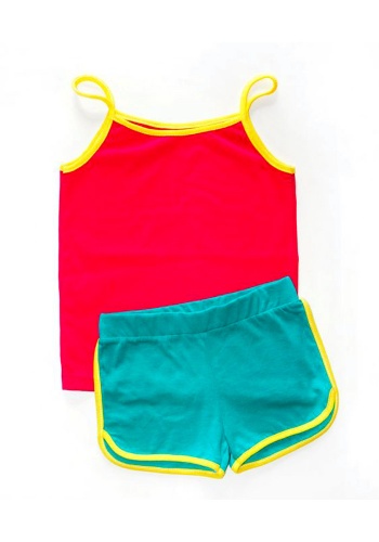 Состав:
Кулирка
Хлопок 100%
	Комплект для девочки (майка + шорты).