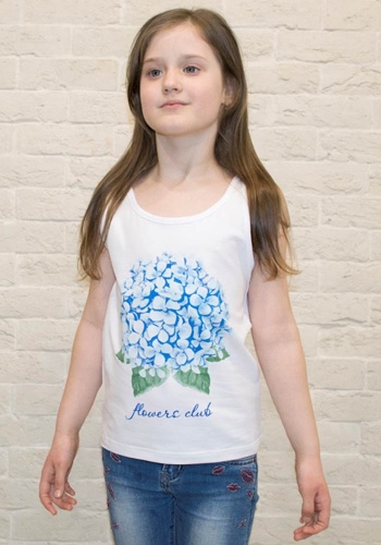 Состав:
Кулирка
Хлопок 100%
	Детская майка для девочки белого цвета с апликацией. 