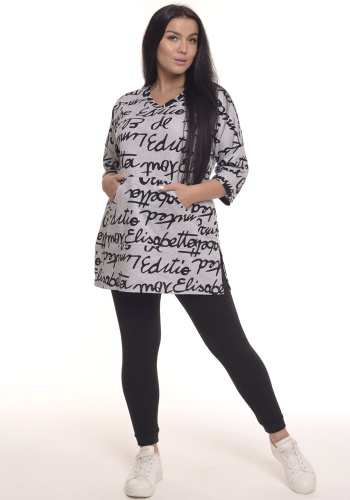 Состав:
Кулирка с лайкрой
Хлопок 95%
Лайкра 5%
	   Стильный домашний костюм из туники и плотно облегающих лосин. Туника полуприлегающего силуэта. Боковые разрезы. Карман в стиле 