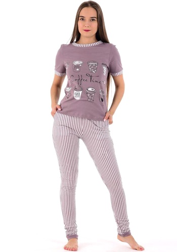 Состав:
Интерлок
Хлопок 100%.
	Женский домашний комплект. Футболка с рисунком и  брюки в полоску с карманами. 

Обратите внимание: расцветка товара на сайте может отличаться от фактической расцветки. Оптовый склад оставляет за собой право поста