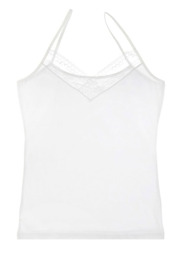 Состав:
Хлопок 95%
Эластан 5%
      Женская майка белого цвета на тонких бретельках. Спереди украшен кружевной вставкой. 