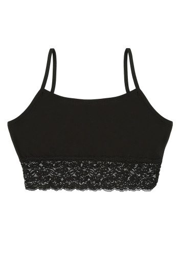 Состав:
Хлопок 95%
Эластан 5%
	Подростковый бюст черного цвета, снизу украшен широким кружевом. 