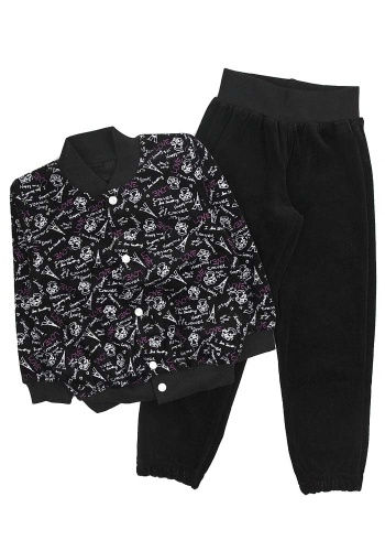 Состав:
Велюр
Хлопок 100%
	Велюровый костюм. Состоит из 2 предметов (кофта на кнопках + штаны) На штанах и кофте есть манжеты.