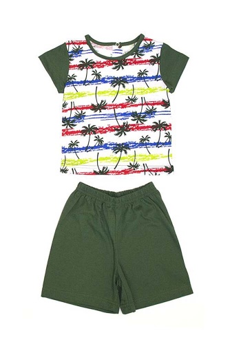 Состав:
Кулирка
Хлопок 100%
	Комплект летний для мальчика. Состоит из двух предметов (футболка + шорты).