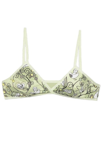 Состав:
Хлопок 95%
Эластан 5%
	Тканевый детский бюстгальтер для девочки с абстрактным рисунком на тонких бретельках с треугольными чашечками и выточками по центру.