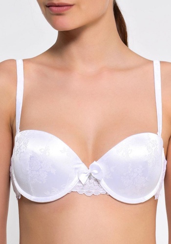 Состав:
Атласное полотно
ПЭ 97%,
ПУ 3%
Эластичное кружево
ПА 90%,
ПУ 10%
	Бюстгальтер-балконет с Push-up для размеров 70АВ,75АВС,80В и без Push-up для остальных размеров. Выполнен из белого атласа с цветочным узором. Передняя деталь декорирован