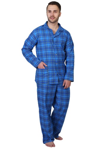 Состав:
Фланель
Хлопок 100%
	Пижама мужская состоит из пижамной куртки и брюк. Куртка прямого силуэта с застежкой на петли и пуговицы, отложным воротником. Два накладных кармана по низу куртки. Рукав длинный втачной. Брюки прямого силуэта, верх на 