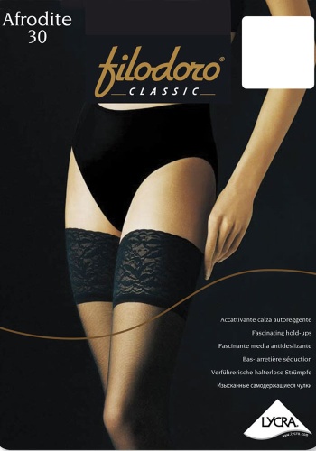 Состав: 
Полиамид 83%,  
Эластан 17%.
   Матовые прозрачные чулки 30 den. Широкая резинка с силиконовой каймой и изысканными ажурными кружевами с цветочным узором. Нить Lycra двойного кручения, прозрачные мыски.