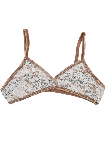 Состав:
Хлопок 95%
Эластан 5%
	Тканевый детский бюстгальтер для девочки с рисунком в виде бабочек на тонких бретельках с треугольными чашечками и выточками.