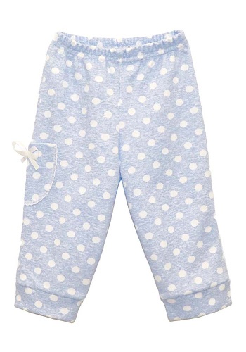 Состав:
Интерлок
Хлопок 100%
	Штанишки для девочки из тонкого мягкого интерлока спокойных расцветок голубого, розового и серого оттенка в белый горошек, с белым атласным бантиком на кармане.