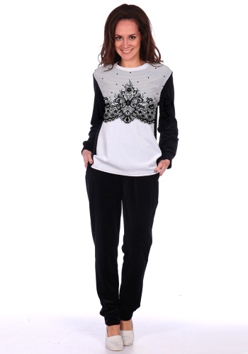 Состав:
Велюр
Хлопок 80%
Полиэстер 20%
	Женский тепый костюм из велюра. Кофта с длинным рукавом, украшена спереди рисунком, брюки выполнены из однтонной ткани.  

Обратите внимание: расцветка товара на сайте может отличаться от фактической рас