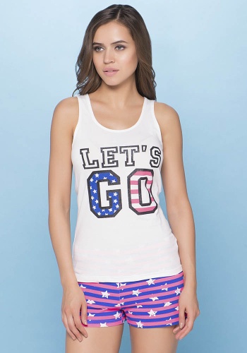 Состав: 
Хлопок 95%,
ПУ 5%
	Пижама из эластичной хлопковой ткани, состоящая из майки и шорт. 
Майка декорирована ярким неоновым принтом спереди. 
Шорты с поясом на эластичной резинке.