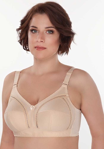 Состав:
Полиэстр 75%
Хлопок 15%
Эластан 10%
   Бюстгальтер из неэластичного и эластичного трикотажного полотна. Без каркасов. Мягкие чашки с тройным т-образным членением. Детали чашек на подкладке из тканого хлопкового полотна. Отделка – тесьма 