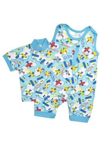 Состав:
Кулирка
Хлопок 100%
	Комплект ясельный. Состоит из двух предметов (полукомбинезон + кофточка с короткими рукавами).