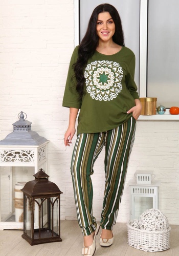 Состав:
Кулирка
Хлопок 100%
     Женская пижама с брюками. Кофта с рукавом 3/4, спереди украшен рисунком. Брюки в полоску. 

Обратите внимание: расцветка товара на сайте может отличаться от фактической расцветки. Оптовый склад оставляет за собо