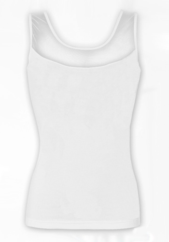 Состав:
Хлопок 95%
Эластан 5%
	Женская майка на широких бретельках, украшенная U-образной прозрачной вставкой.