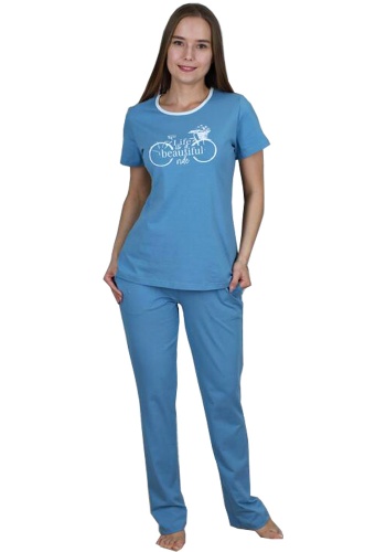 Состав:
Хлопок: 100%
	Женский комплект с брюками.

Обратите внимание: расцветка товара на сайте может отличаться от фактической расцветки. Оптовый склад оставляет за собой право поставить товар любого цвета, который имеется на данный момент.	