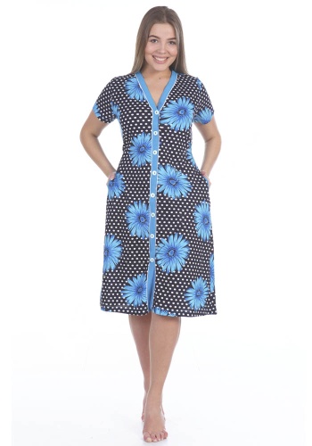 Состав:
Кулирка
Хлопок 100%
	Женский халат на пуговицах, рукав короткий, карманы потайные.
