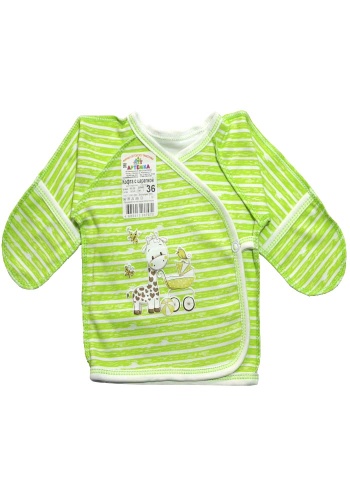 Состав:
Интерлок- пенье
Хлопок 100%
	Кофта детская на запах с царапками, швы наружу. Украшена апликацией. 