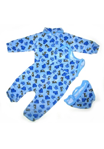 Состав:
Велюр
Хлопок 100%
	Комплект ясельный. Состоит из трёх предметов (кофточка + ползунки с грудкой + чепчик). Кофточка на кнопочках с воротником, ползунки на кнопках, ножки закрытые.
