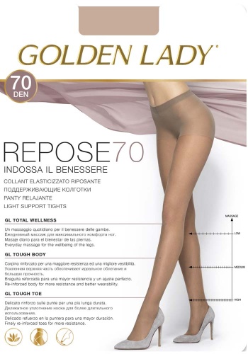 Состав:
Полиамид 90%, 
Эластан 10%
	Полупрозрачные колготки плотностью 70 ден с лайкрой, шелковистым эффектом, легким распределенным давлением, поддерживающими штанишками, ластовицей и укрепленным носком.