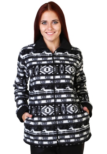 Состав:
Флис
Полиэстер 100%
	Толстовка женская из набивного полотна с застежкой на тесьму-молнию, рукав длинный на манжете. Карманы в боковом шве, воротник -стойка, низ изделия с кулиской и шнуром. Флис (ПЭ 100%). Машинная стирка.
Обратите внима