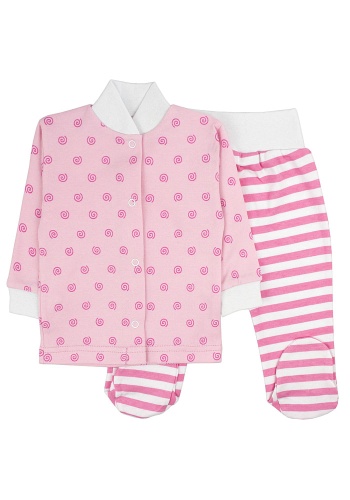 Состав:
Интерлок
Хлопок 100%
	Комплект ясельный. Кофточка на кнопочках и ползунки с фигурной стопой. 