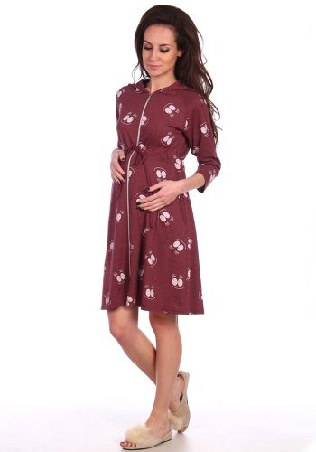 Состав:
Кулирка кардмеланж
Хлопок 50%
Полиэстер 50%
	Женский халат на молнии для беременных. Длина чуть выше колен, с капюшоном. Выполнен из принтованного полотна. 

Обратите внимание: расцветка товара на сайте может отличаться от фактической 