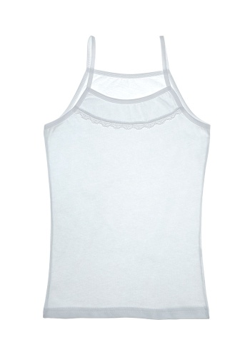 Состав:
Хлопок 100%
	Детская майка на тонких бретелях, с кружевной вставкой. 