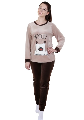 Состав:
Синтетический велюр
Полиэстер 100%
	Костюм состоит из толстовки и брюк. Толстовка полуприлегающего силуэта с длинным рукавом-регланом на манжете. Круглая горловина обработана обтачкой. На полочке вышивка-аппликация. Манжеты и обтачка горлов