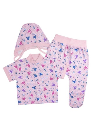 Состав:
Кулирка
Хлопок 100%
	Комплект ясельный. Состоит из трёх предметов (ползунки + кофточка + чепчик).