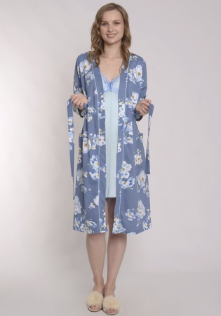 Состав:
Кулирка
Хлопок 100%
       Комплект для беременных женщин и кормящих мам состоит из халата  и ночной сорочки. Халат - запашной со съемным поясом. Рукав удлиненный, втачной. Накладные карманы. Ночная сорочка без рукавов на узких бретелях. По