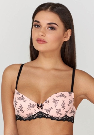 Состав:
Эластичное полотно
ПА 85%,
ПУ 15%
Кружево
ПА 90%,
ПУ 10%
	Бюстгальтер формы T-Shirt с формованной чашкой без Push-ap для всех размеров. Детали бюстгальтера выполнены из эластичного принтованного полотна и узкого кружева. Центральная дет