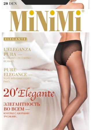 Состав: 
Полиамид 86%, 
Эластан 12%, 
Хлопок 2%
	Тонкие шелковистые колготки плотностью 20 ден, формованные, с укрепленным мыском, комфортным широким поясом и ажурными трусиками-бикини с х/б ластовицей.