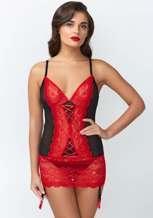 Состав:
Сетка
ПА 88%
ПУ 12%
Кружево
ПА 90%
ПУ 10%
Ластовица
Хлопок 100%
	Комплект женский (сорочка и трусики-стринг).
	Детали сорочки выполнены из эластичной сетки и кружева. Чашка мягкая, декорирована эластичной лентой с фестонами. Передняя