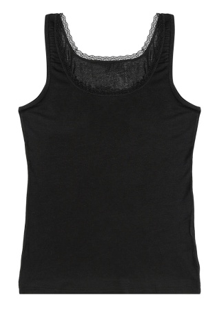 Состав:
Вискоза 92%
Эластан 8%
	Женская майка черного цвета с широкими бретелями и кружевной вставкой на вороте. 