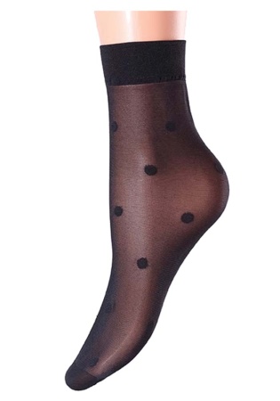 Состав:
Полиамид 90%
Эластан 10%
	Тонкие фантазийные носки с оплетенным эластаном, плотностью 20 ден, с усиленным мыском и комфортной резинкой, по всей длине тканый узор в крупный горох.